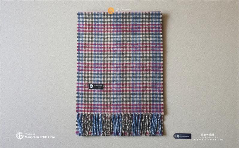 『Noble Fibre』100％カシミヤ・マフラー レッド＆チェック フリンジ付き【高級 カシミア おしゃれ ファッション 防寒 かしみあ】