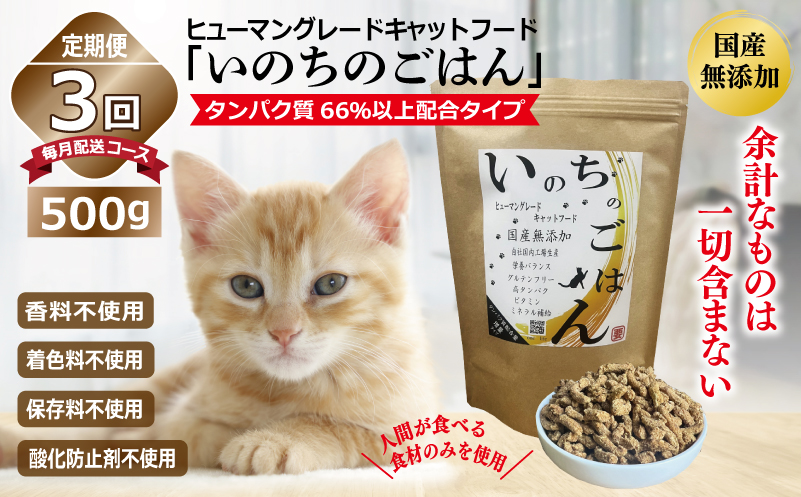 【定期便】国産無添加 キャットフード 500g×全3回「いのちのごはん」タンパク質 66％以上配合タイプ【猫 ねこ ペットフード チキン 手作り ヒューマングレード 国産 毎月配送】