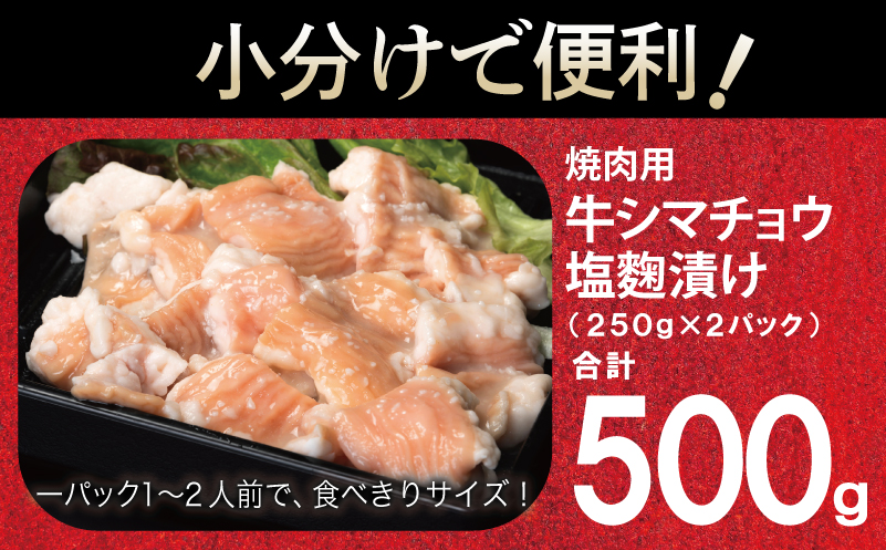 牛シマチョウ 焼肉用 塩麹漬け 500g【味付け 小分け 250g×2P 焼くだけ 簡単調理 BBQ 牛肉 ホルモン お試し 普段使い】