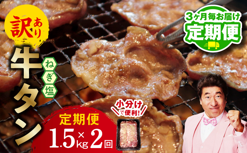 【定期便】ねぎ塩 牛たん（成型）合計 1.5kg 小分け 250g×6【牛タン 牛肉 焼肉用 薄切り 訳あり サイズ不揃い 2026年3月＆6月発送 全2回】