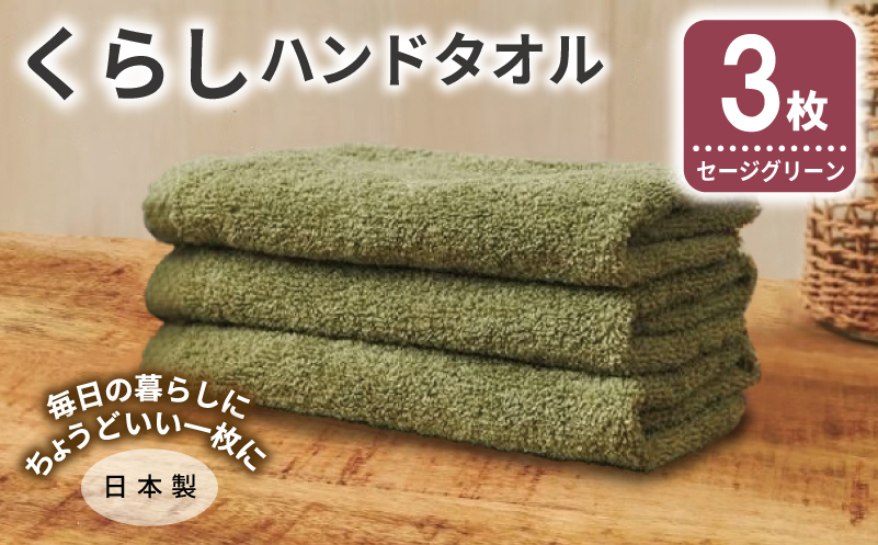 くらしハンドタオル 3枚 セージグリーン【泉州タオル たおる 国産 吸水 普段使い シンプル 日用品 家族 ファミリー】