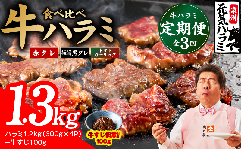 【食べ比べ定期便】牛ハラミ 1.3kg×全3回【牛肉 はらみ 小分け 焼肉 お弁当 BBQ 訳あり ワケアリ わけあり サイズ不揃い 規格外 TVで話題 大阪 泉佐野 大阪府 泉佐野市】