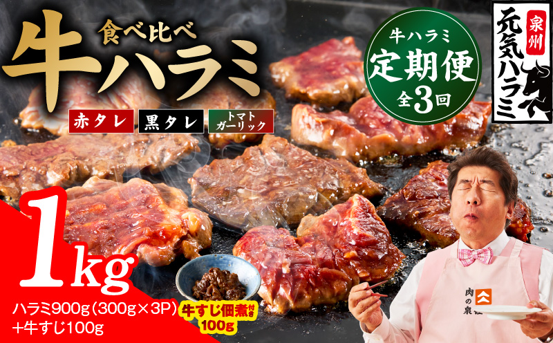 【食べ比べ定期便】牛ハラミ 1kg×全3回【牛肉 はらみ 小分け 焼肉 お弁当 BBQ 訳あり ワケアリ わけあり サイズ不揃い 規格外 TVで話題 大阪 泉佐野 大阪府 泉佐野市】