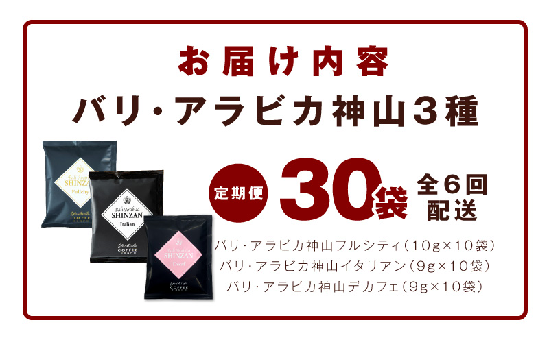 ドリップコーヒー バリ アラビカ神山 3種30袋 定期便 全6回【毎月配送コース 珈琲 こーひー コーヒー 自家焙煎 オリジナル ギフト キャンプ アウトドア 家計応援】