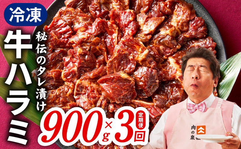 【定期便】牛ハラミ肉 900g×全3回【小分け 300g×3P 秘伝の赤タレ 味付き 焼肉 訳あり サイズ不揃い 毎月配送コース】