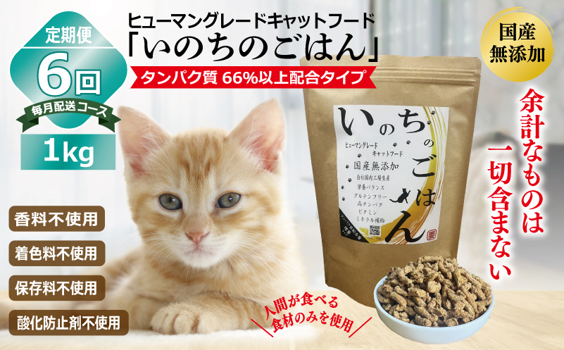 【定期便】国産無添加 キャットフード 1kg×全6回「いのちのごはん」タンパク質 66％以上配合タイプ【猫 ねこ ペットフード チキン 手作り ヒューマングレード 国産 毎月配送】