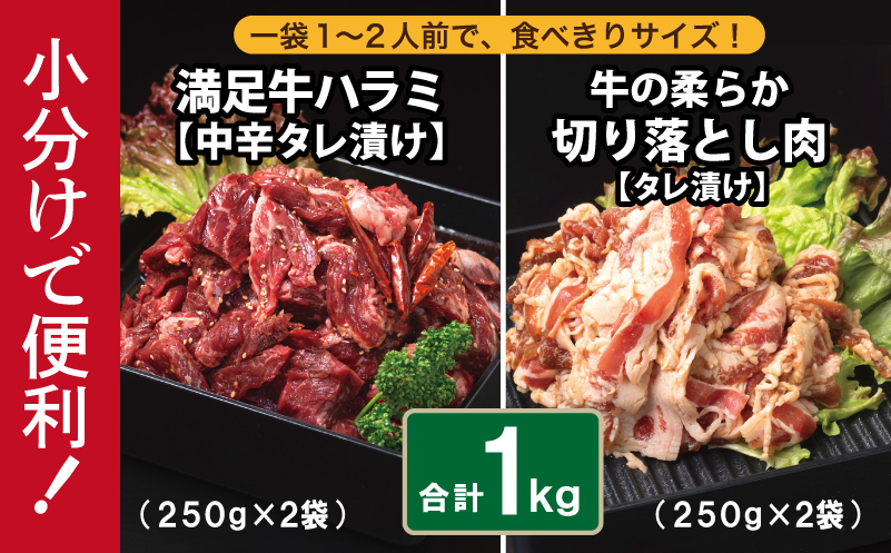 【タレ漬け牛肉2種セット】 満足牛ハラミ・牛肉切り落とし 合計1kg 【味付け ハラミ 小分け 焼くだけ 簡単調理 BBQ 牛肉 250g×各2P 普段使い】