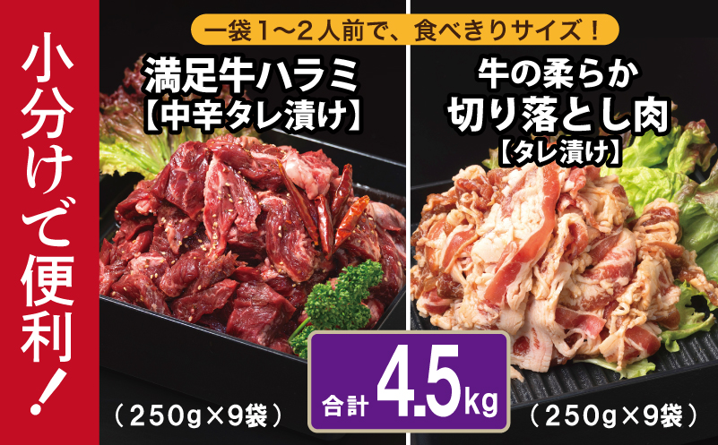 【タレ漬け牛肉2種セット】 満足牛ハラミ・牛肉切り落とし 合計4.5kg 【味付け ハラミ 小分け 焼くだけ 簡単調理 BBQ 牛肉 250g×各9P 普段使い】