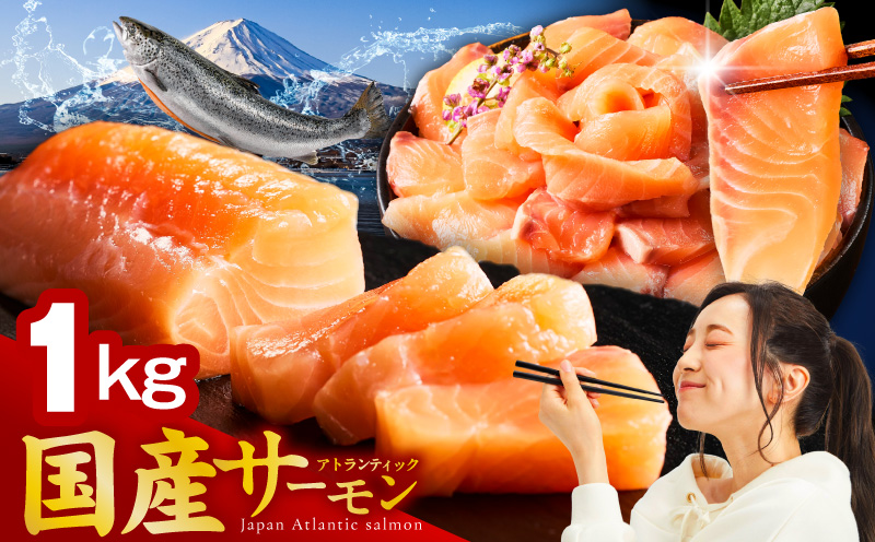 国産アトランティックサーモン 1kg ポーション【小分け 真空パック 訳あり サイズ不揃い 刺身 海鮮丼 さーもん 鮭 さけ シャケ しゃけ 冷凍】