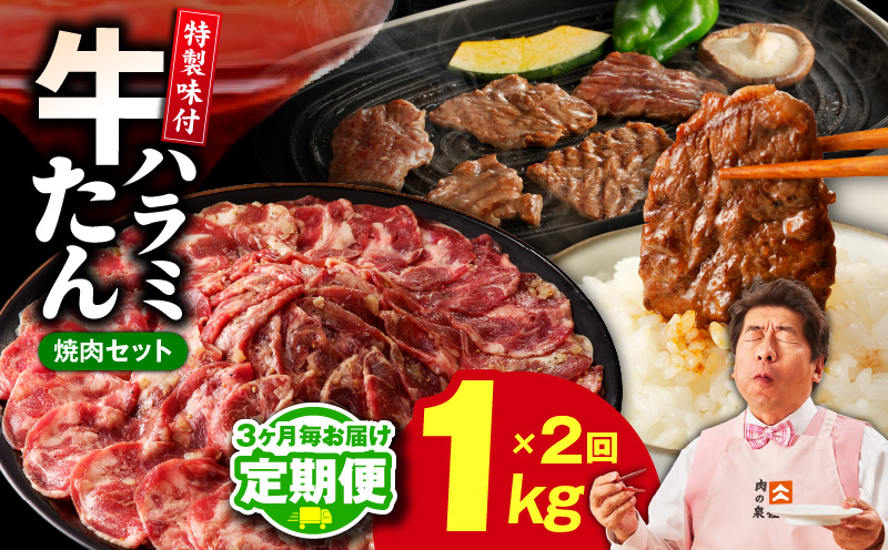 【定期便】牛タン＆牛ハラミ お試し 1kg 焼肉セット【成型牛たん ハラミ 味付き 牛肉 やきにく BBQ 薄切り スライス 訳あり サイズ不揃い 2026年3月＆6月発送 全2回】
