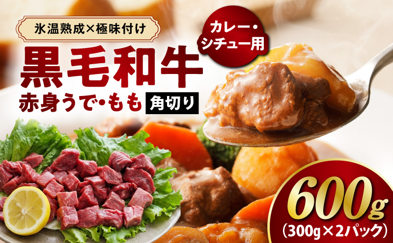 【氷温熟成×極味付け】黒毛和牛 赤身 うで・もも 角切り 600g【煮込み用 300g×2P 小分け 訳あり サイズ不揃い 簡単調理 カット済み カレー シチュー】