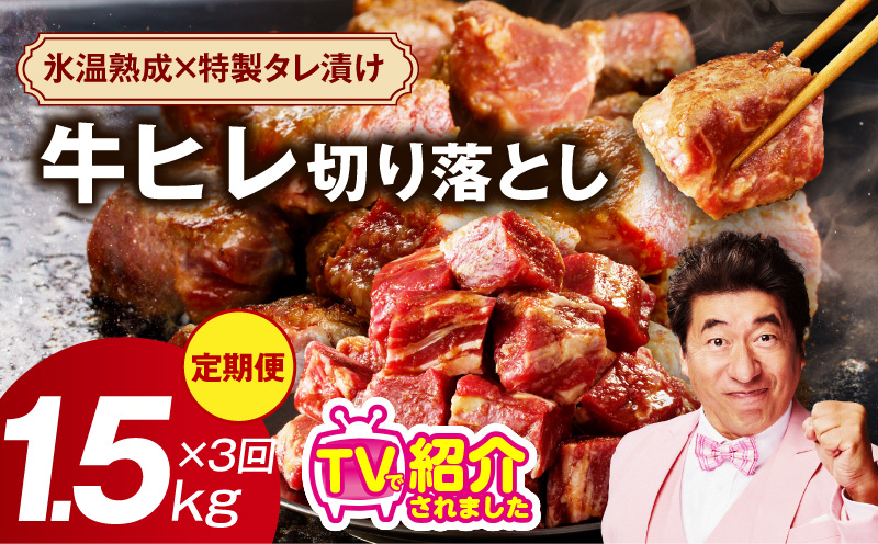 【定期便】牛ヒレ肉 切り落とし 1.5kg×3回【氷温熟成×特製ダレ 小分け 500g 訳あり サイズ不揃い やわらか ステーキ ひと口サイズ カット済み】
