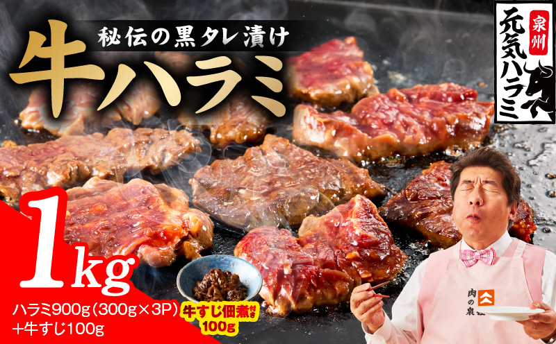 [新登場]極旨黒ダレ 牛ハラミ 総量 1kg(ハラミ 300g×3P+牛すじ 100g)[牛肉 はらみ 小分け 焼肉 お弁当 BBQ 訳あり ワケアリ わけあり サイズ不揃い 規格外 TVで話題 大阪 泉佐野 大阪府 泉佐野市]