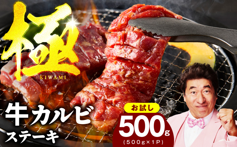 【お試し】赤身カルビ ステーキ 500g 焼肉用 500g×1P【氷温熟成×特製ダレ 牛肉 バラ 切り落とし 訳あり サイズ不揃い】