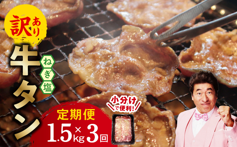 牛たん三昧 定期便 1.5kg×3回【ねぎ塩 牛タン 成型 小分け 250g×6 牛肉 焼肉用 薄切り 訳あり サイズ不揃い】