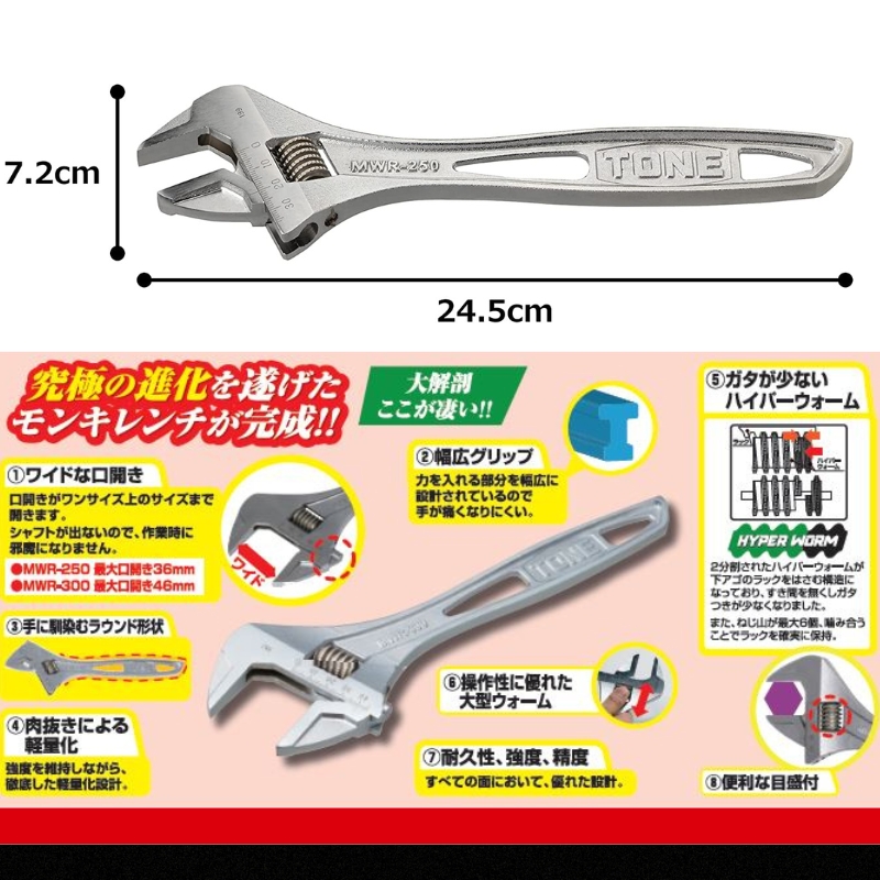 TONE トネ ハイパーウォームモンキレンチ MWR-250　工具　TONE　トネ 15001-40000391｜工具 整備士 自動車 バイク DIY 日本製 メンテナンス