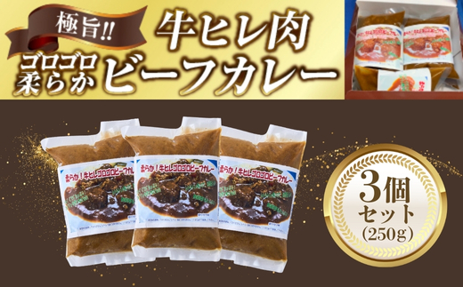 極旨！柔らか牛ヒレ肉ゴロゴロ贅沢ビーフカレー3食セット　ごろっと食感 本格カレー 牛肉 ヒレ肉 牛ヒレ肉 国産牛 ビーフカレー ごろごろ 柔らか 濃厚 旨みたっぷり カレー 牛ヒレカレー ヒレ肉カレー 国産牛カレー 贅沢 個包装 冷凍 温めるだけ 湯せん お中元 お歳暮 クリスマス 正月 おせち ギフト 家族用 非常食 保存食 大阪府 河内長野市 老舗フレンチ 国産素材