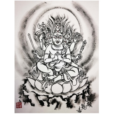 手描きTシャツ 仏画 馬頭観音 白 (半袖 Sサイズ)【1615690】