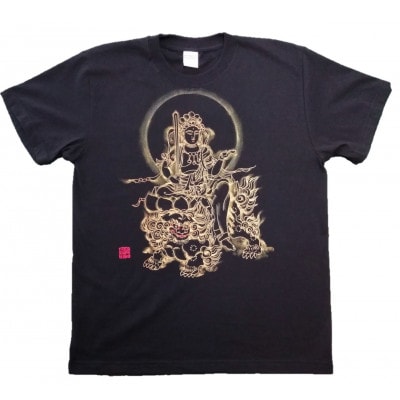 手描きTシャツ 仏画 文殊菩薩 黒 (半袖 XLサイズ)【1615179】