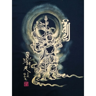 手描きTシャツ 仏画 毘沙門天 黒 (半袖 Mサイズ)【1615044】