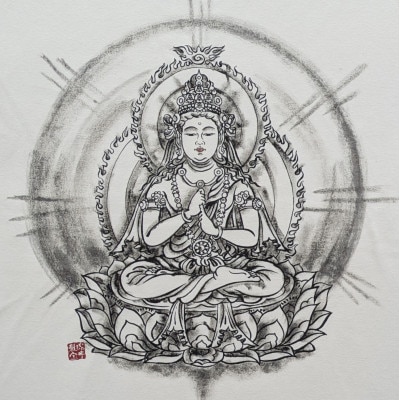 手描きTシャツ 仏画 大日如来 金剛界 白 (半袖 Sサイズ)【1655694】