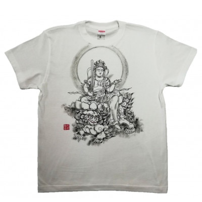 手描きTシャツ 仏画 文殊菩薩 白 (半袖 Mサイズ)【1615173】