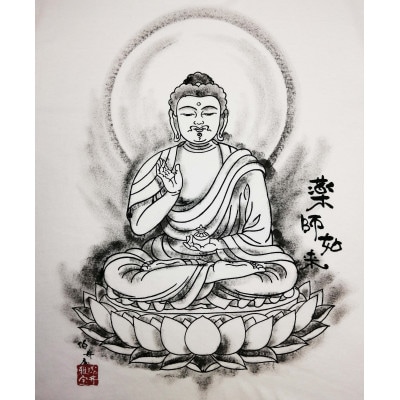 手描きTシャツ 仏画 薬師如来 白 (半袖 Mサイズ)【1615654】
