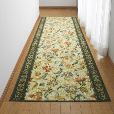 日本製 廊下カーペット 80cm×440cm 【オリエンタル更紗】 滑り止め加工 (グリーン)【1663951】