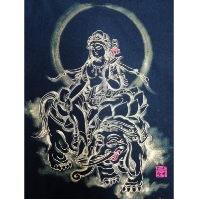 手描きTシャツ 仏画 普賢菩薩 黒 (半袖 Lサイズ)【1615122】