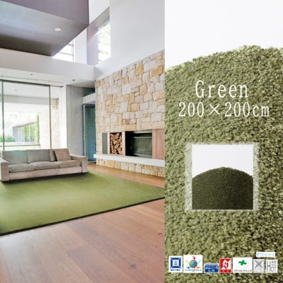 高密度&素足に心地よいソフトタッチ カーペット (サキソニー)グリーン【200×200cm】【1395798】