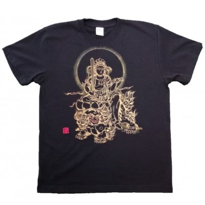 手描きTシャツ 仏画 文殊菩薩 黒 (半袖 Mサイズ)【1615177】