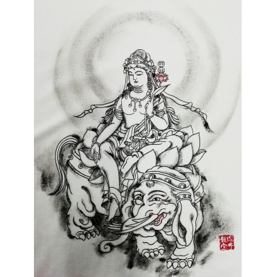 手描きTシャツ 仏画 普賢菩薩 白 (半袖 Sサイズ)【1615091】