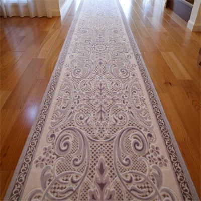 日本製 廊下カーペット 65cm×180cm 【モダンオーナメント】 滑り止め ホワイトラベンダー【1664128】