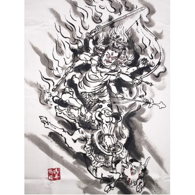 手描きTシャツ 仏画 大威徳明王 白 (半袖 Lサイズ)【1615024】