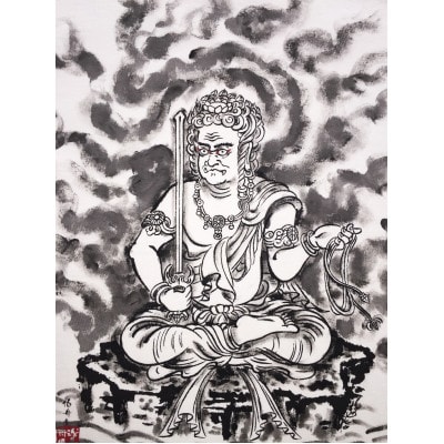 手描きTシャツ 仏画 不動明王 白 綿生地 (半袖 Lサイズ)【1614976】