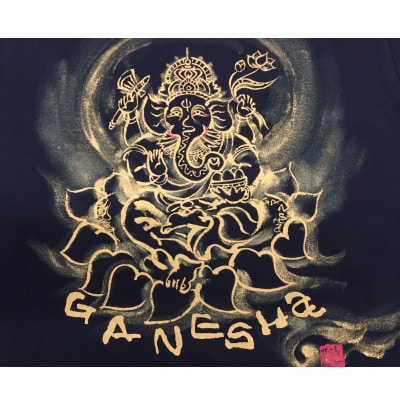 手描きTシャツ 仏画 ガネーシャ 黒 (半袖 Sサイズ)【1615514】