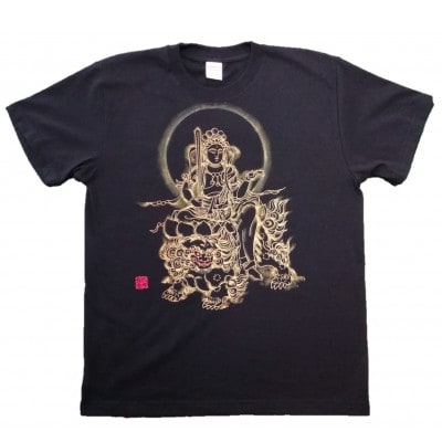 手描きTシャツ 仏画 文殊菩薩 黒 (半袖 Sサイズ)【1615176】