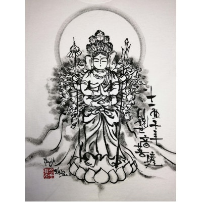 手描きTシャツ 仏画 十一面千手観音 白 (半袖 Sサイズ)【1615157】