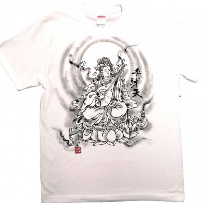 手描きTシャツ 仏画 弁財天 白 (半袖 Sサイズ)【1615612】