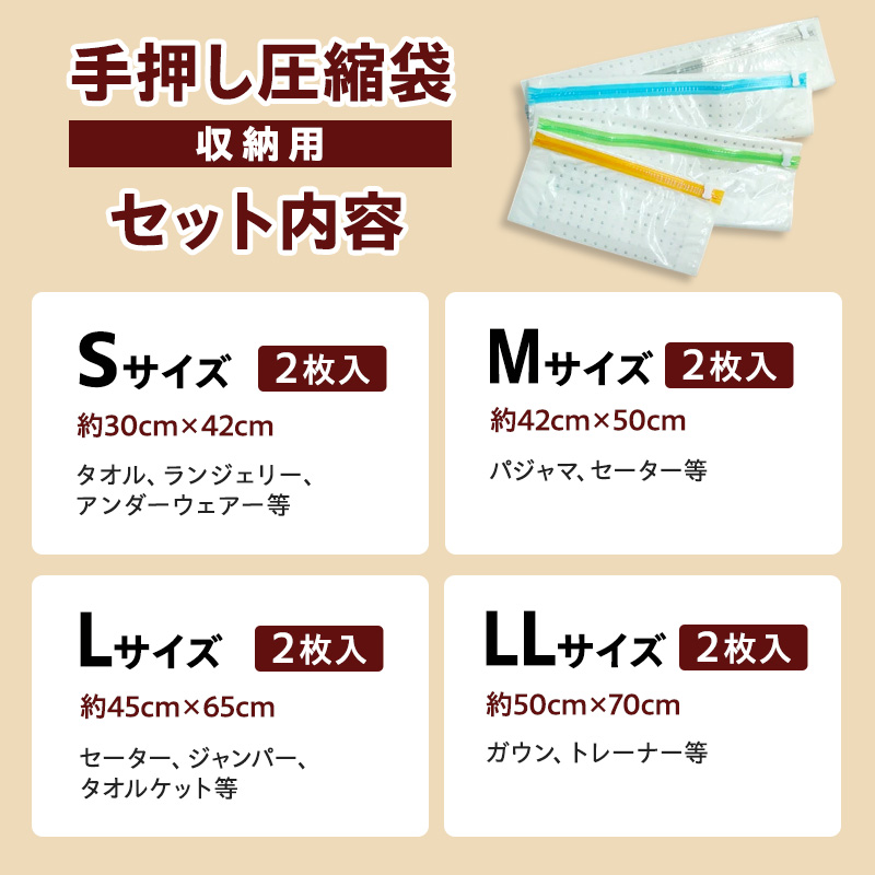 日本製 手押し 圧縮袋 4サイズ S M L LL セット 衣類 旅行 収納 服