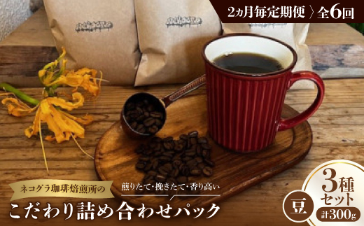 【2ヵ月毎定期便】《豆3種計300g》ネコグラ珈琲焙煎所の煎りたて挽きたてコーヒーセット全6回【4064370】