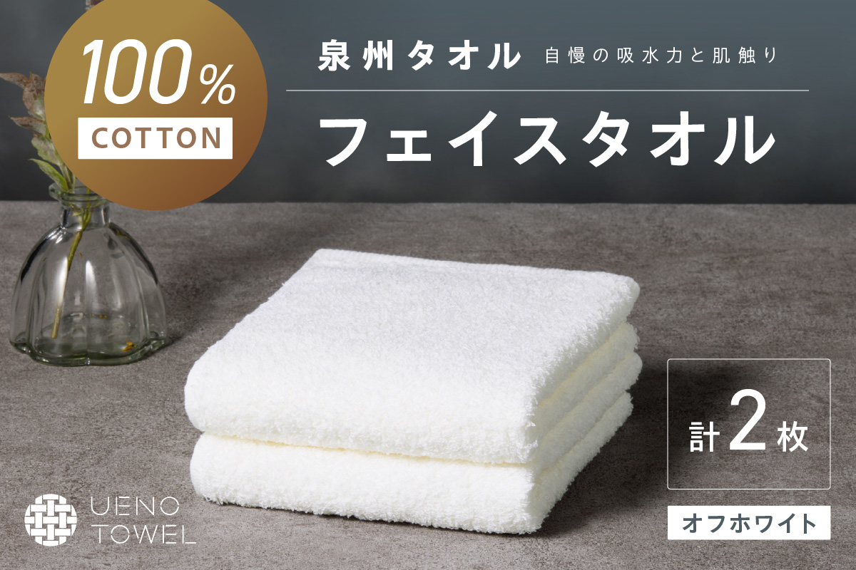 【泉州タオル】吸水力と肌触りが自慢のデイリーユースフェイスタオル オフホワイト 2枚【配送不可地域：北海道・沖縄・離島】【039E-093】
