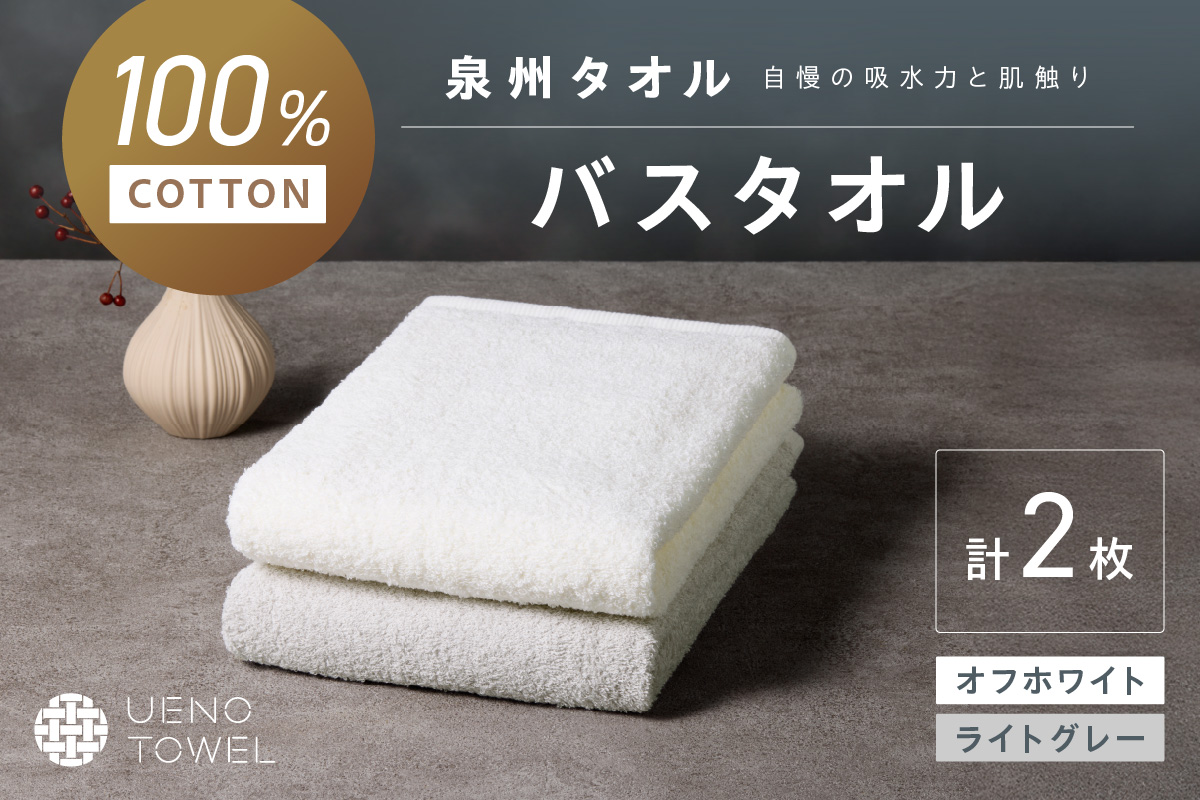 【泉州タオル】吸水力と肌触りが自慢のデイリーユースバスタオル オフホワイト・ライトグレー 2枚【配送不可地域：北海道・沖縄・離島】 タオル バスタオル 日用品 泉州タオル タオルセット デイリーユース 【039E-107】