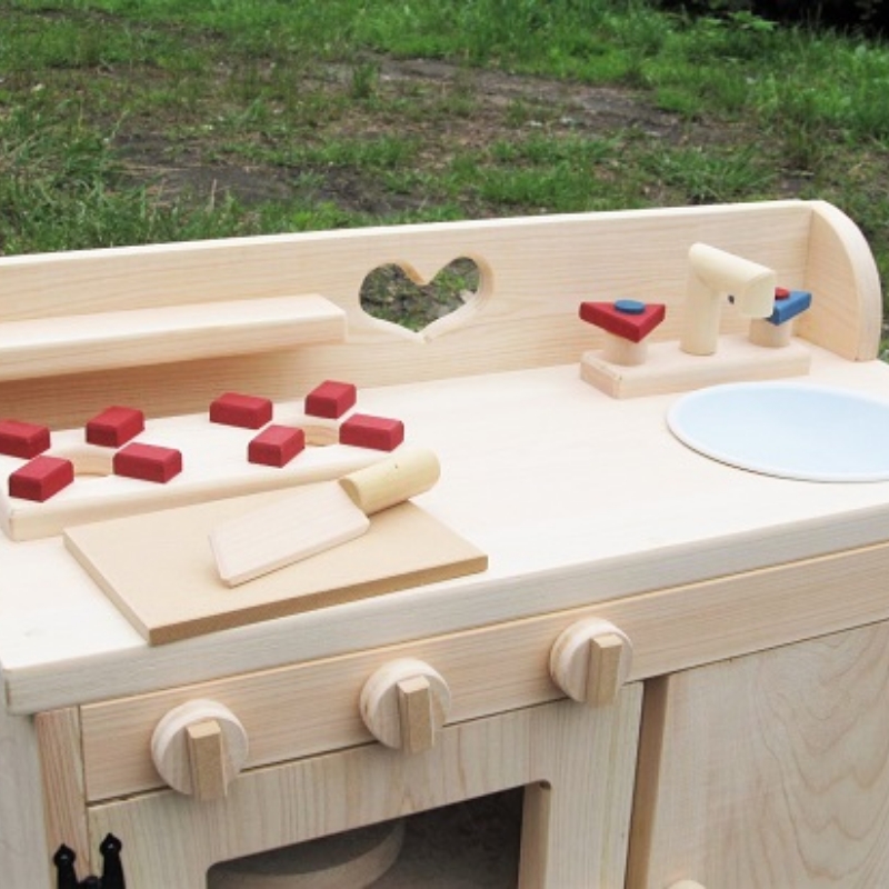 手作り木製ままごとキッチン・大きなレンジ付き DHK・桧【007A-059】