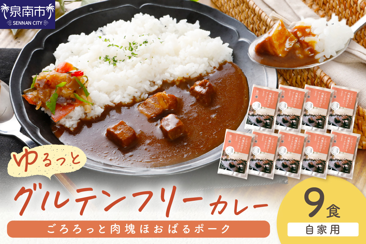 【自家用 化粧箱なし】ゆるっとグルテンフリー ごろろっと肉塊ほおばるポークカレー（甘口）9食セット【092D-012】