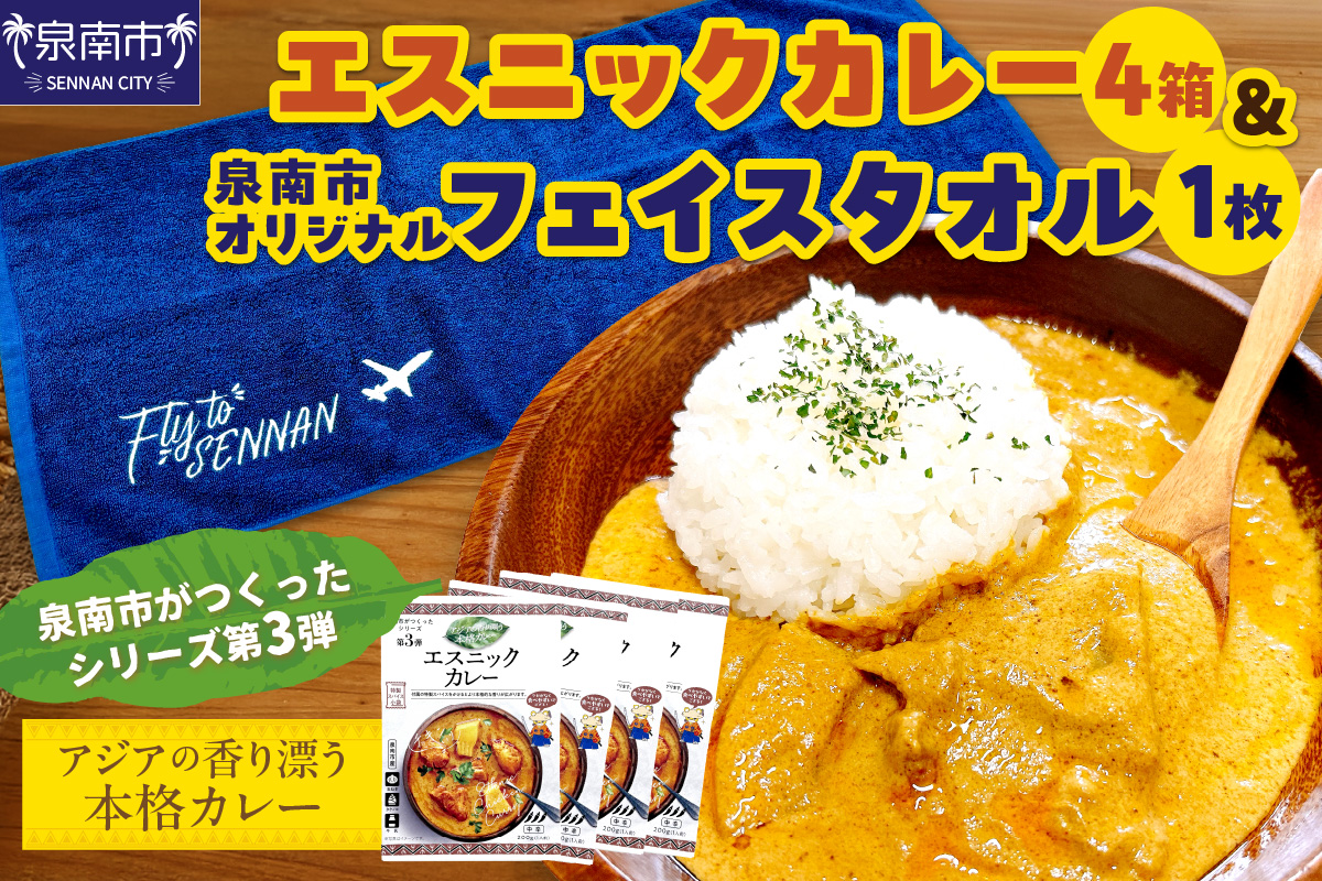 泉南市がつくったシリーズ第3弾「エスニックカレー」4箱＆泉南市オリジナルフェイスタオル 1枚【配送不可地域：北海道・沖縄・離島】 【059E-005】