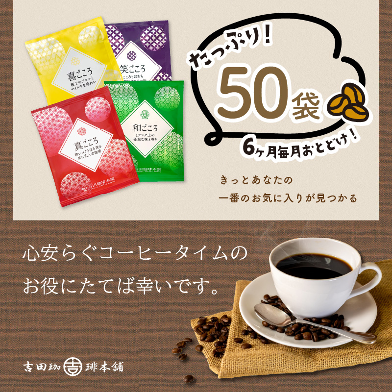 煎りたて、挽きたて!ドリップコーヒー4種50袋 6ヶ月定期便  コーヒーセット 【配送不可地域：北海道・沖縄・離島】【010C-012】