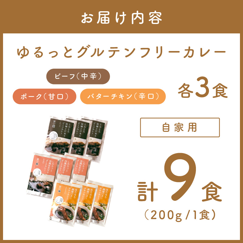 【自家用 化粧箱なし】ゆるっとグルテンフリーカレー ビーフ（中辛）ポーク（甘口）バターチキン（辛口）合計9食セット【092D-011】