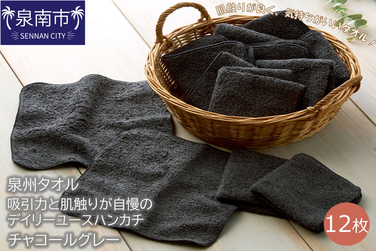 【泉州タオル】吸水力と肌触りが自慢のデイリーユースハンカチ チャコールグレー12枚 タオル ハンカチタオル 泉州ハンカチタオル タオルセット 国産タオル 人気タオル 泉州タオル【配送不可地域：北海道・沖縄・離島】【039E-084】