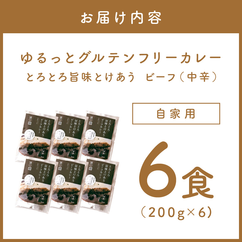 【自家用 化粧箱なし】ゆるっとグルテンフリー とろとろ旨味とけあうビーフカレー（中辛）6食セット【092D-009】
